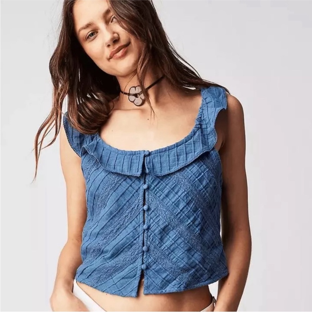 Free People Blue Textured Ruffle Tank Top